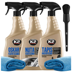 Zestaw do Czyszczenia Wnętrza Auta K2 OSKAR K2 NUTA K2 TAPIS PĘDZEL Szmatki