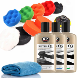 Zestaw Past Polerskich Do Lakieru K2 Luster Q1,  Q3, Q5 + Zestaw Gąbek Amio